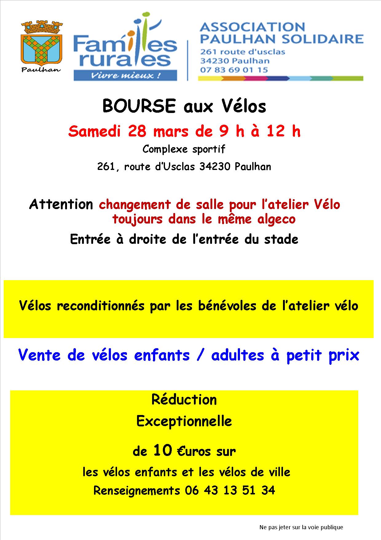 affiche annon&ccedil;ant la bourse au v&eacute;los du 28 mars 2026 de 9h &agrave; 12h dans la cour des algecos route d'usclas &agrave; Paulhan